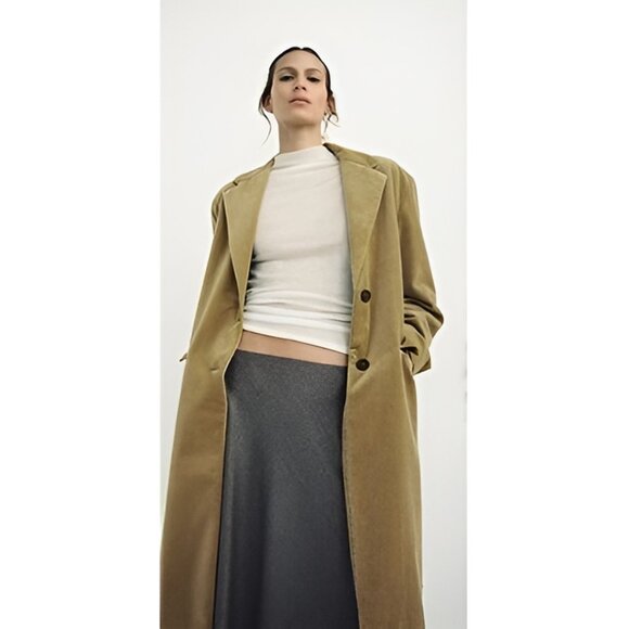 NWOT Zara light green khaki velvet-like oversized mid-length coat, XS - Picture 6 of 13